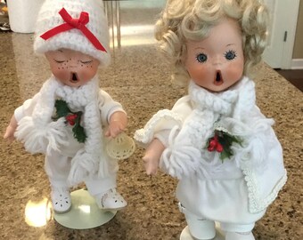 Porcelain Bisque La Rose 89 Christmas Caroler Dolls - Set of 2