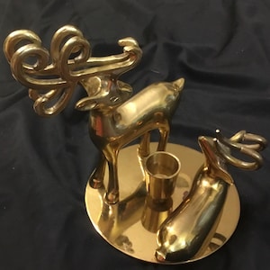 真鍮製トナカイのクリスマス テーパー キャンドル ホルダー - ミッド センチュリー クリスマス - 1970 年代