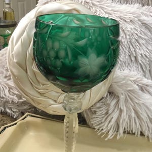 German Cut Crystal Wine Glass Goblet - Vibrant Green - Grape and Star - Annahutte Brilliant Cut - Vintage - Made in West Germany