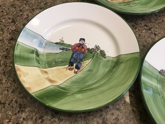Antique GS ZELL BADEN Set of Four Ceramic Dutch Scene Plates Hand