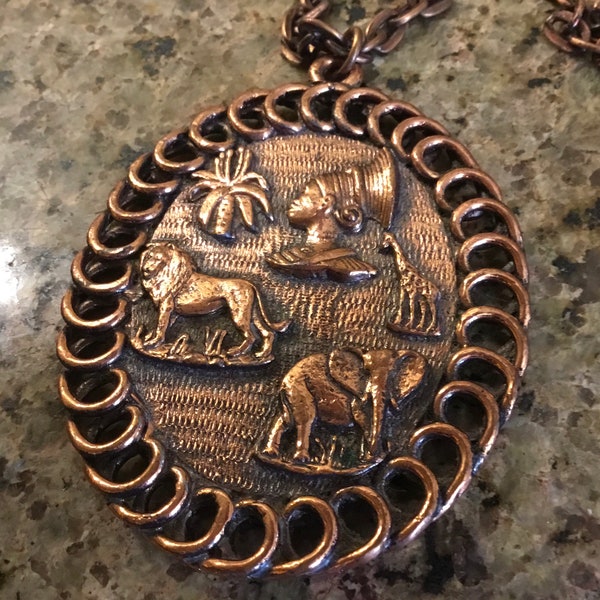 African Copper Pendant Necklace - Zulu Woman, Elephant, Giraffe, Lion - Traditional South African Jewelry