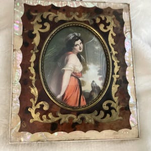 Antique Portrait - Hand Painted on Porcelain - Beautiful Young Girl with Her Dog - Artist Signed - 1800’s
