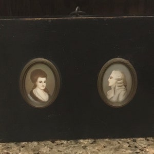 Miniature Portrait Paintings - Antique Miniatures of a French Couple - Gold Tone Frames mounted on Ebony Board - Set of 2 - 1800’s