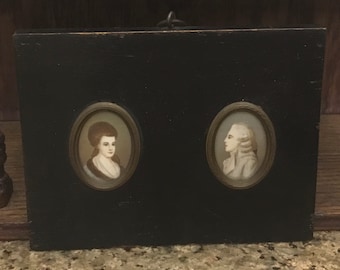 Miniature Portrait Paintings - Antique Miniatures of a French Couple - Gold Tone Frames mounted on Ebony Board - Set of 2 - 1800’s