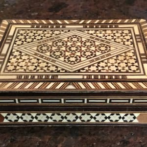 Moroccan Moorish Middle Eastern Inlaid Wooden Jewelry Box - Micro Mosaic with Bone