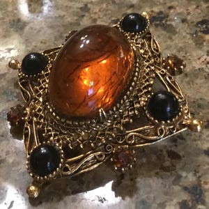 Vintage Florenza Victorian Revival Amber Cabochon Brooch - Gold Tone with Rhinestones - 1950’s