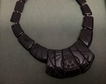 1960’s Black Bakelite Necklace - Chunky Carved Choker