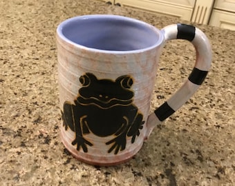 Artisan Pottery Coffee Mug Frog and Tulip - Hand Painted Clay Pottery