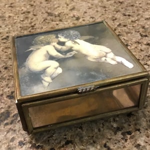 Vintage Via Vermont Glass Jewelry Trinket Box - Monogram Cherubs - Design Made in Mexico