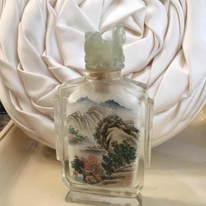 Antique Chinese Snuff Bottle - Crystal Art Deco Style Bottle - Reverse Painted with Hand Carved Jade Foo Dog Lid - 1900’s