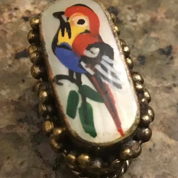 Miniature Pill Box or Snuff Box - Vintage Hand Painted Parrot on Mother of Pearl on Silver Tone Metal