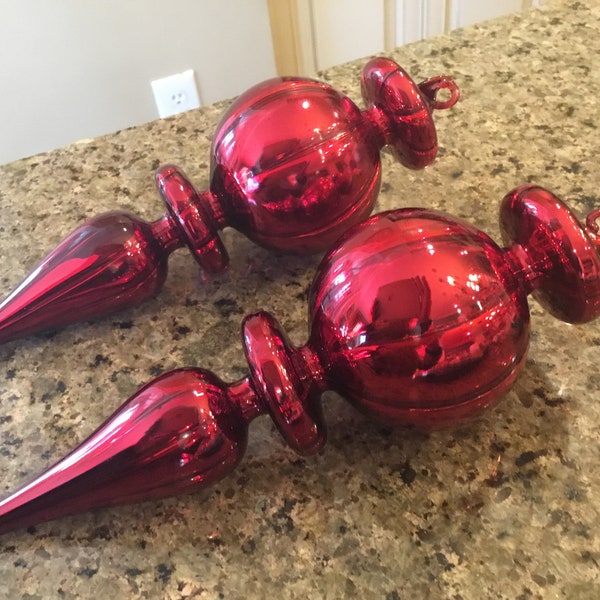 Art Glass - Red Finial Ornaments - Set of 2 Cherry Red Blown Glass Ornaments