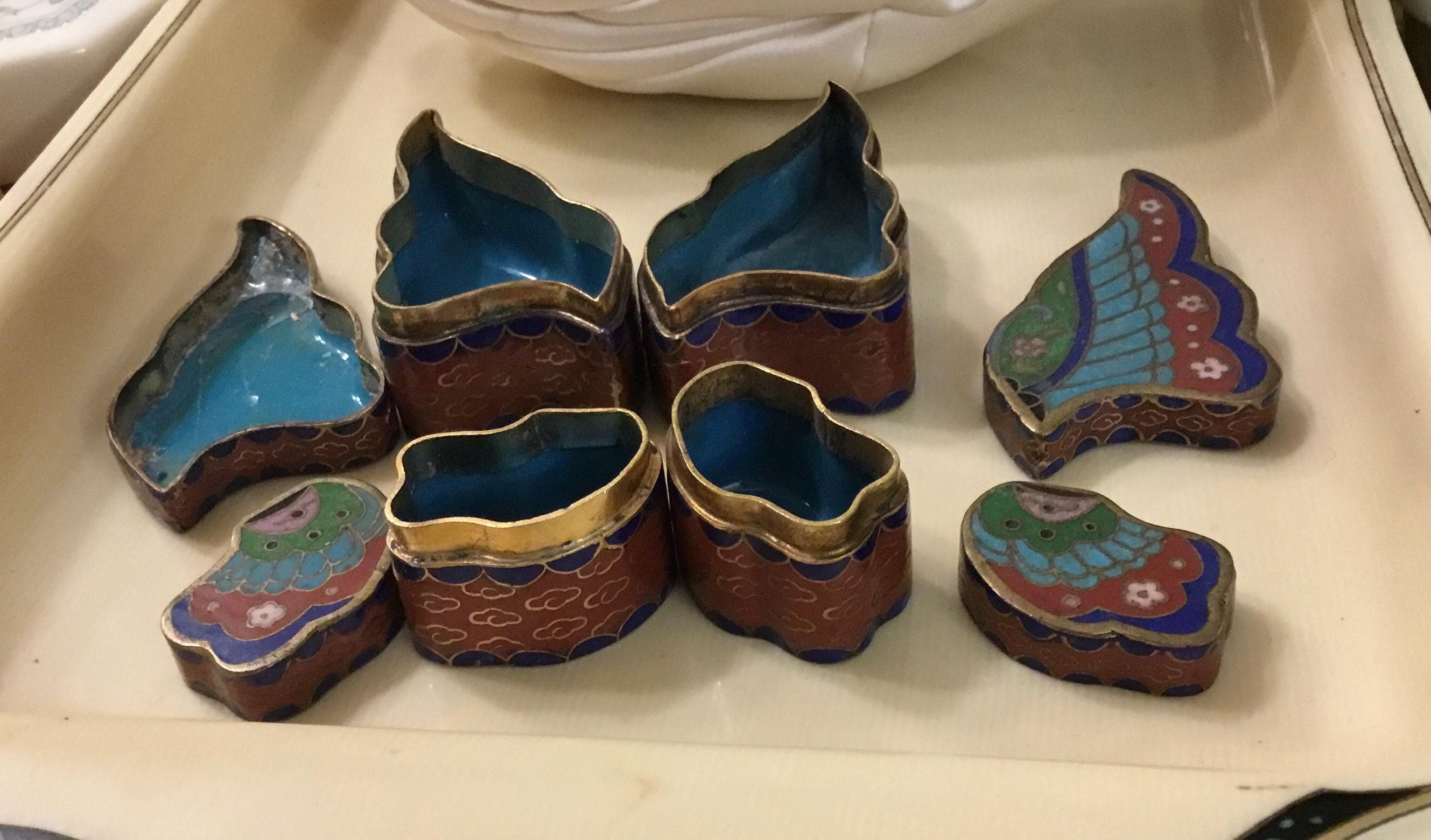 ヴィンテージ 中国七宝焼き 蝶のジュエリー小物入れセット - 4