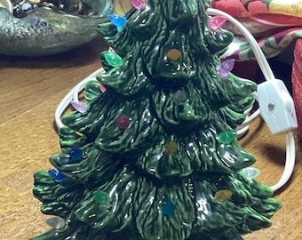 Vintage Ceramic Table Top Christmas Tree - Green with Multicolor Lights - 8”