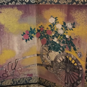 Vintage Byobu Japanischer Tischplatten-Bildschirm - Blumenwagen Kanou Tanyu - Hergestellt in Japan 1970er Jahre
