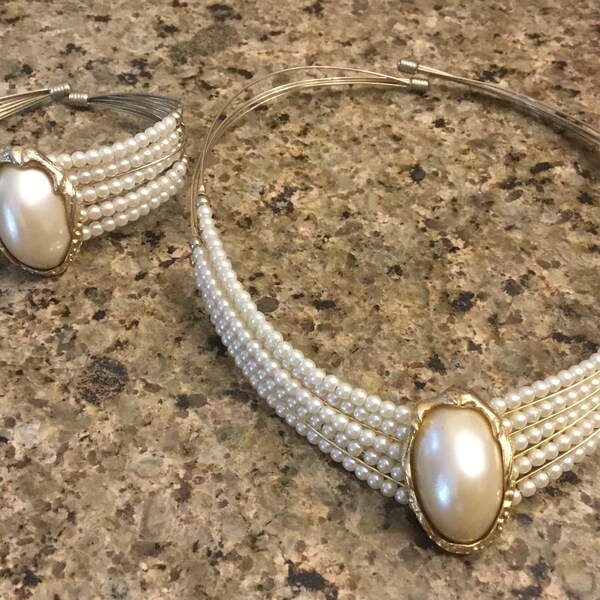 Vintage Faux Pearl Choker and Cuff Bracelet Set - 1980’s