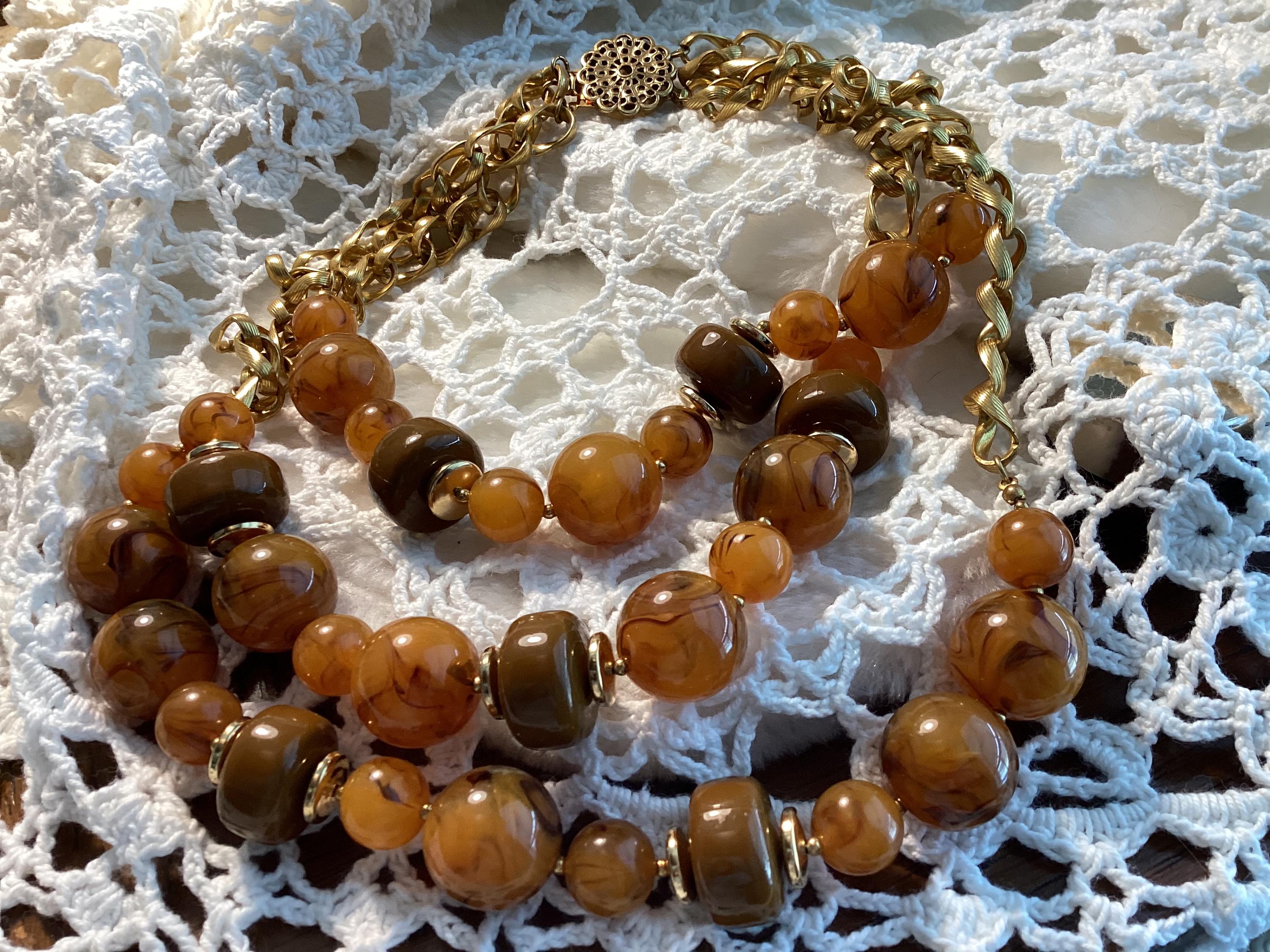 Miriam Haskell Vintage Necklace - Honey Brown Bakelite Beads Gold