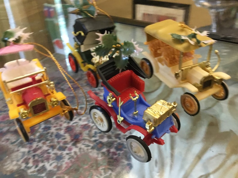 Vintage Doubl Glo Christmas ornaments Made in British Crown Colony of Hong Kong Set of 4 Plastic Vintage Cars