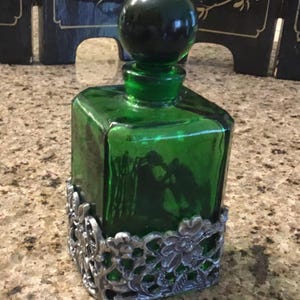Green Glass Perfume Bottle with Stopper - Floral Pewter Stand