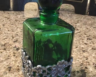 Green Glass Perfume Bottle with Stopper - Floral Pewter Stand