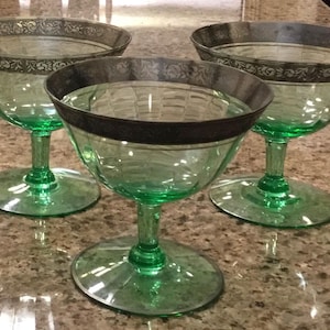 Rare Tiffin Franciscan - MINTON - Low Sherbet Champagne Glasses - Green with Platinum Trim - Set of 3 - American - 1930’s