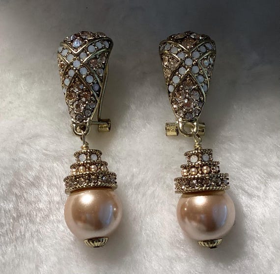 Heidi Daus Faux Pearl and Crystal Dangle Drop Earrings - Etsy display picture 1