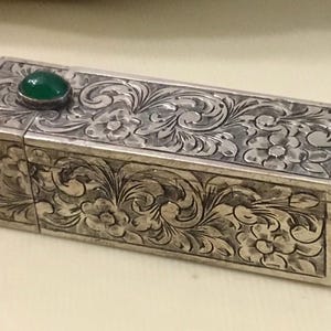 Art Deco Silver Lipstick Case - Antique Italian 800 Silver with Jade Cabochon  - Peruuzzi  Brothers - Firenze Italy - 1920’s