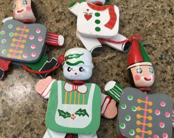 Vintage Wooden Pull Toy Christmas Tree Ornaments - Retro MCM Snowmen and Clowns - Set of 4 - 1960’s