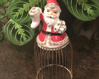 Vintage Spaghetti Trim Santa Napkin Holder - Rare MCM Christmas Porcelain Santa - Made in Japan - 1960’s