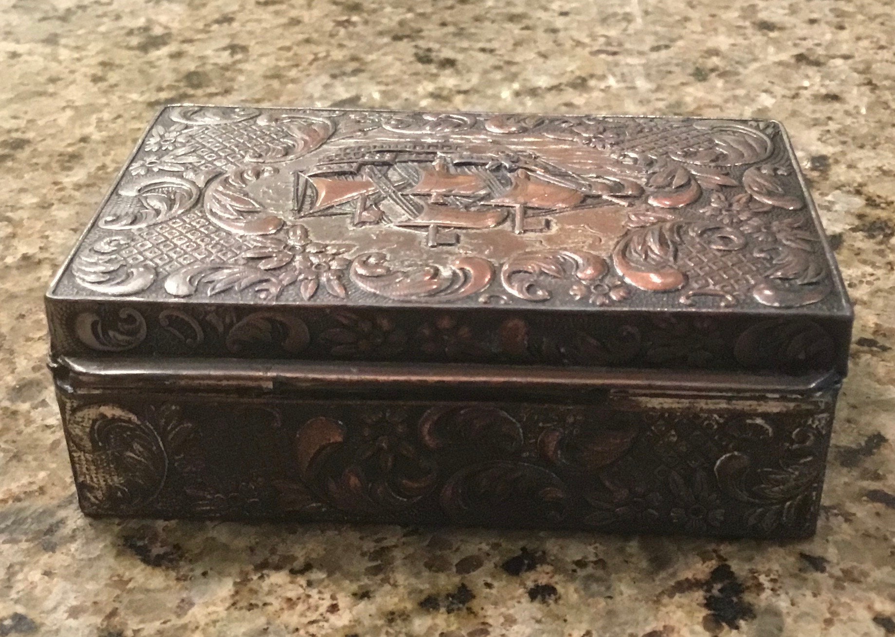 Vintage Japanese Copper Metal Trinket Box - Wooden Sailing Ship