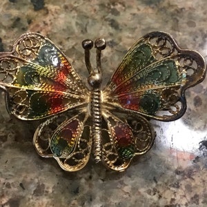 Vintage Sterling Silver Butterfly Brooch - Filagree Silver with Gold and Enamel Overlay