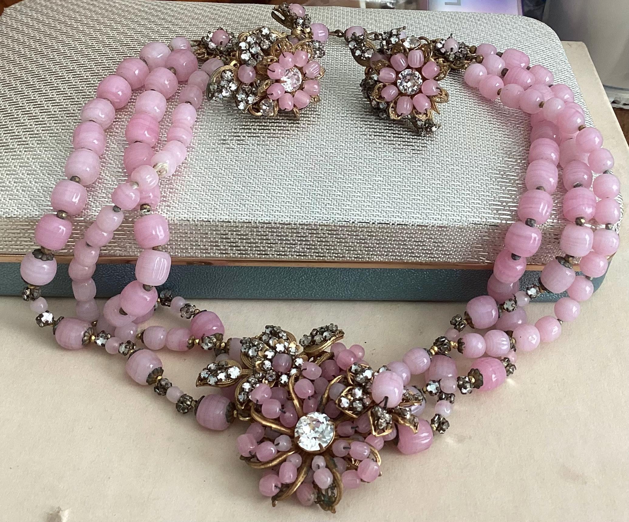 1940's Miriam Haskell Glass Bead Earring and Necklace Set