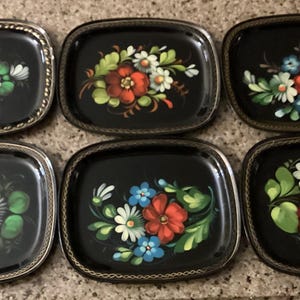 Vintage Russian Toleware Hand Painted Trays - Set of 6