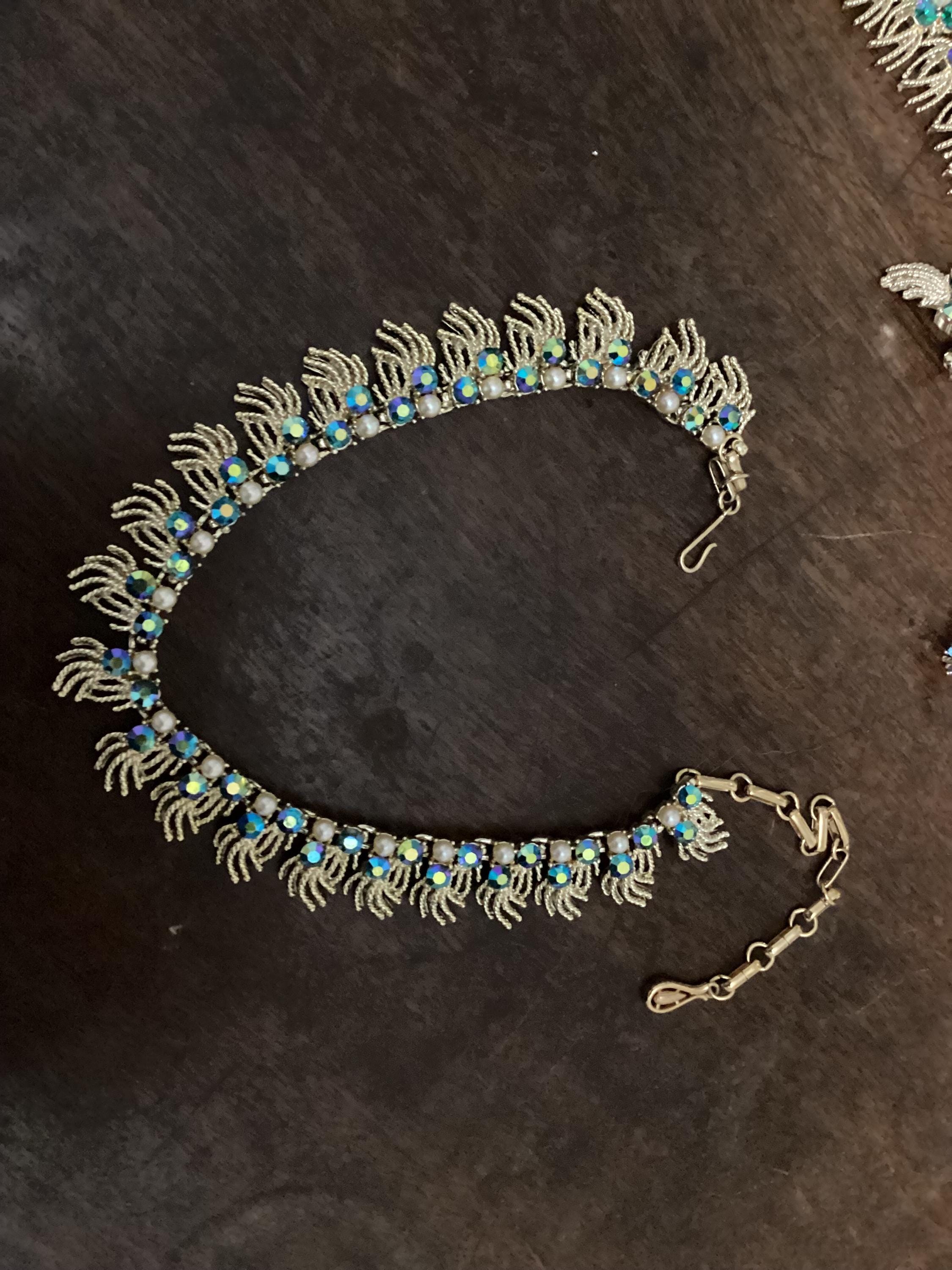 1950's Coro Pegasus Blue AB Rhinestone & Faux Pearl Demi Parure