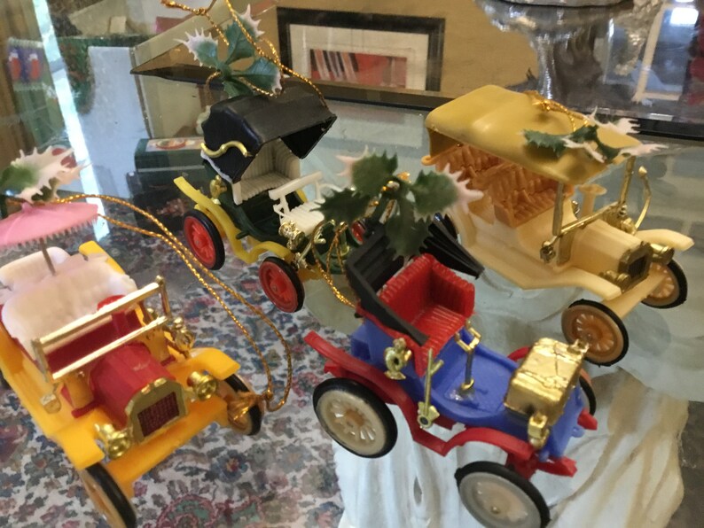 Vintage Doubl Glo Christmas ornaments Made in British Crown Colony of Hong Kong Set of 4 Plastic Vintage Cars