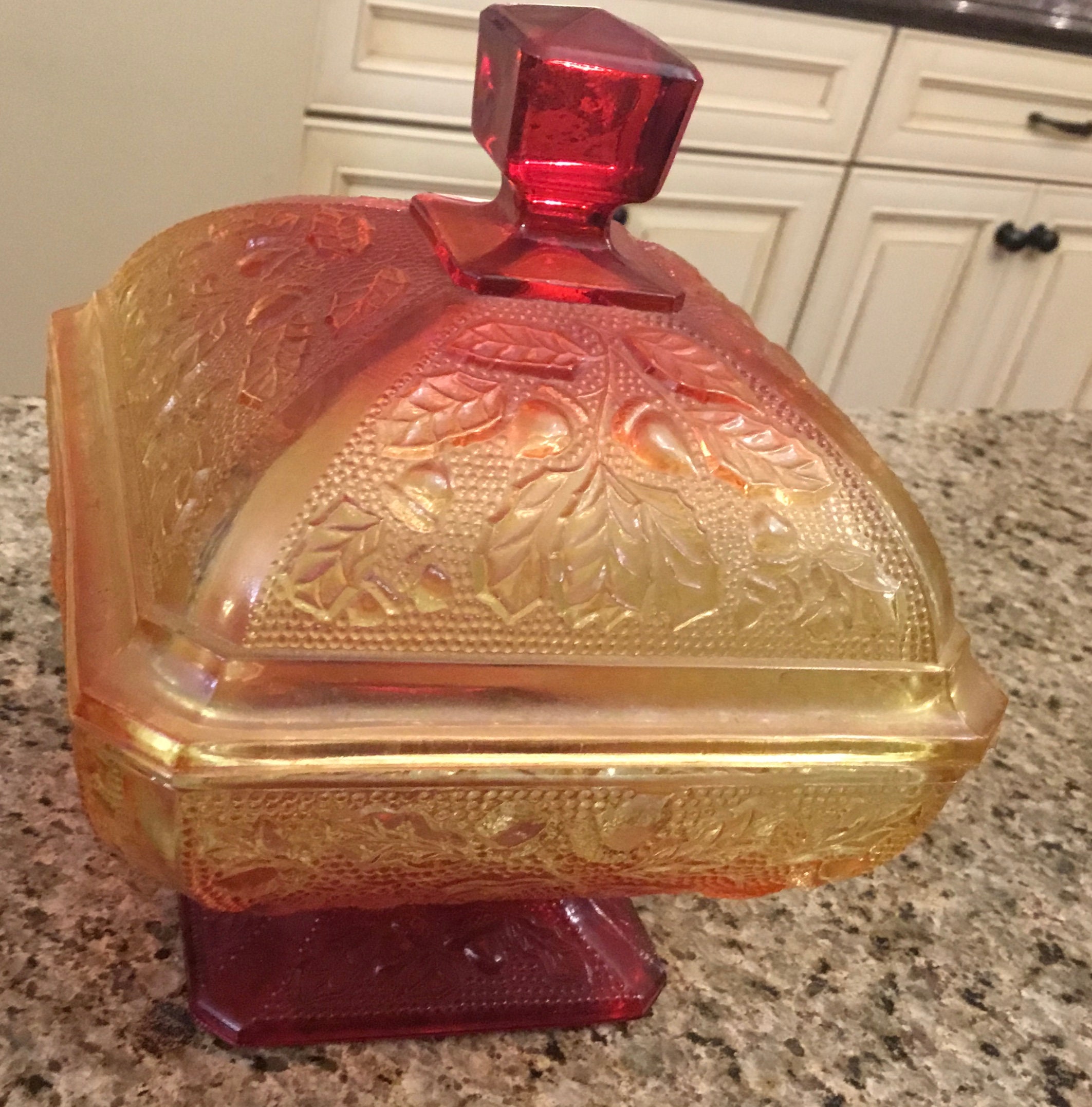 Vintage Amberina Carnival Glass Pedestal Candy Dish with Lid Etsy