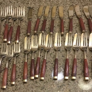 MCM Danish Flat Wear - Entertainment Set - Brass and Teak Cutlery - Party Forks and Spreaders - 38 Pieces - 1970’s