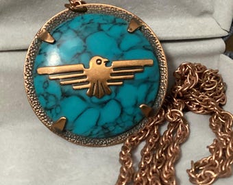 Jaren 1970 Copper by Bell imitatieturkoois Thunderbird koperen hanger