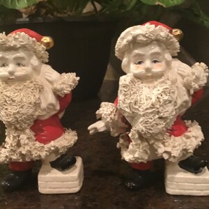 Vintage Spaghetti Trim Santa Claus Figurines - Fine Porcelain - MCM Santa’s Set of 2 - Made in Japan - 1950’s