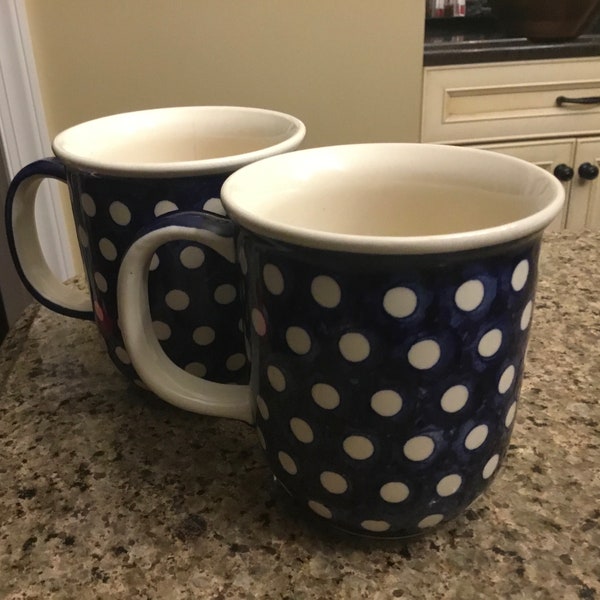 Boleslawiec Hand Made Pottery Coffee Cups - Blue and White - Set of 2 - Made in Poland