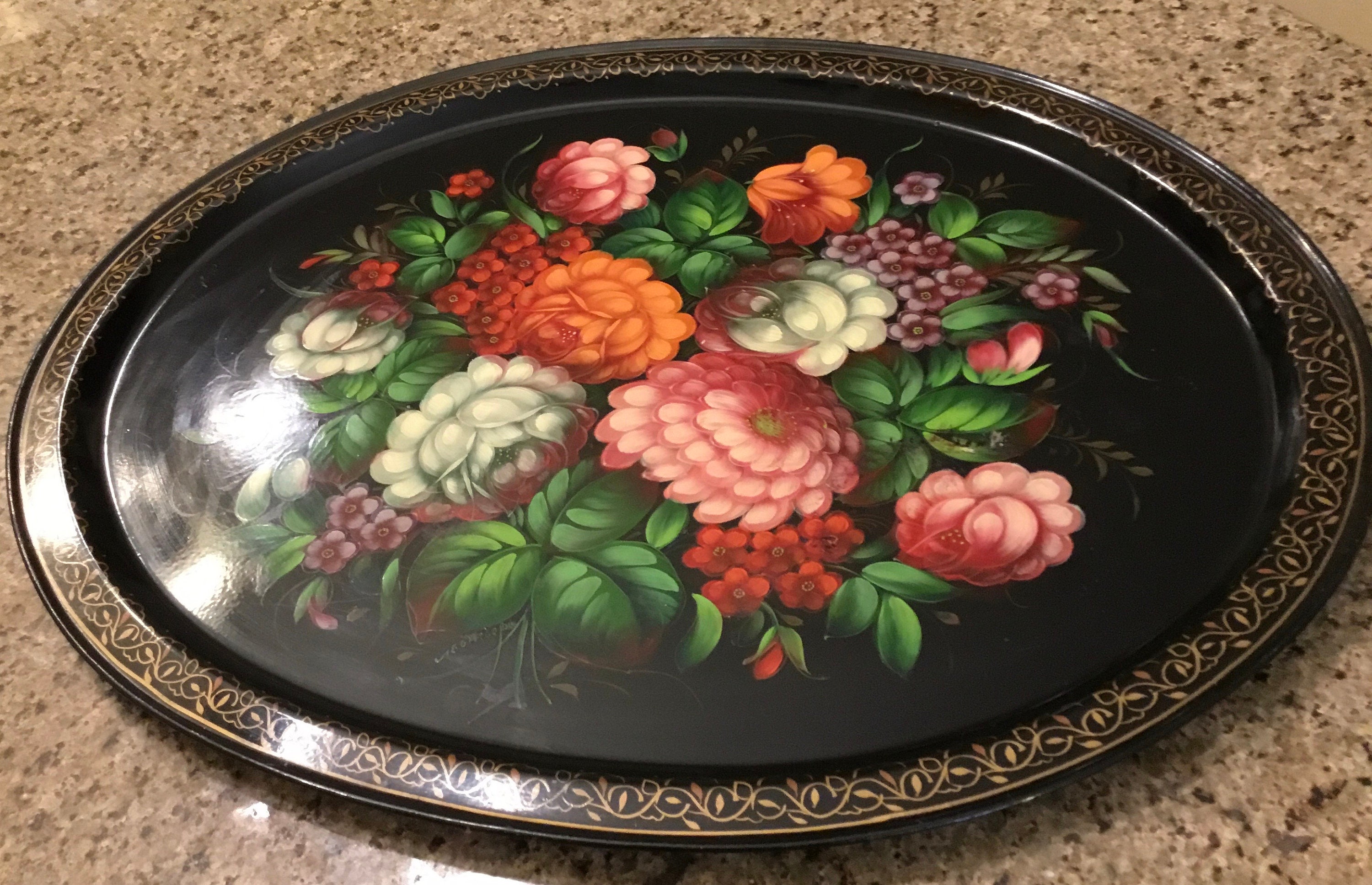 Zhostovo Metal Hand Painted Black Serving Tray Flower Russian MCM