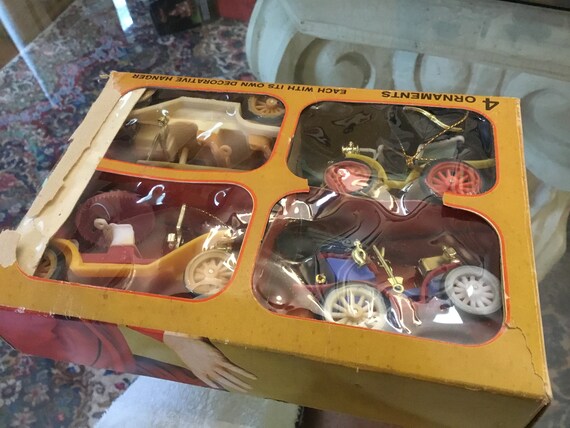 Vintage Doubl Glo Christmas ornaments Made in British Crown Colony of Hong Kong Set of 4 Plastic Vintage Cars