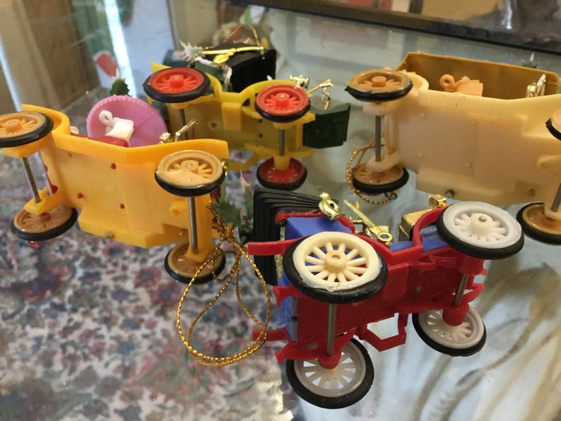 Vintage Doubl Glo Christmas ornaments Made in British Crown Colony of Hong Kong Set of 4 Plastic Vintage Cars