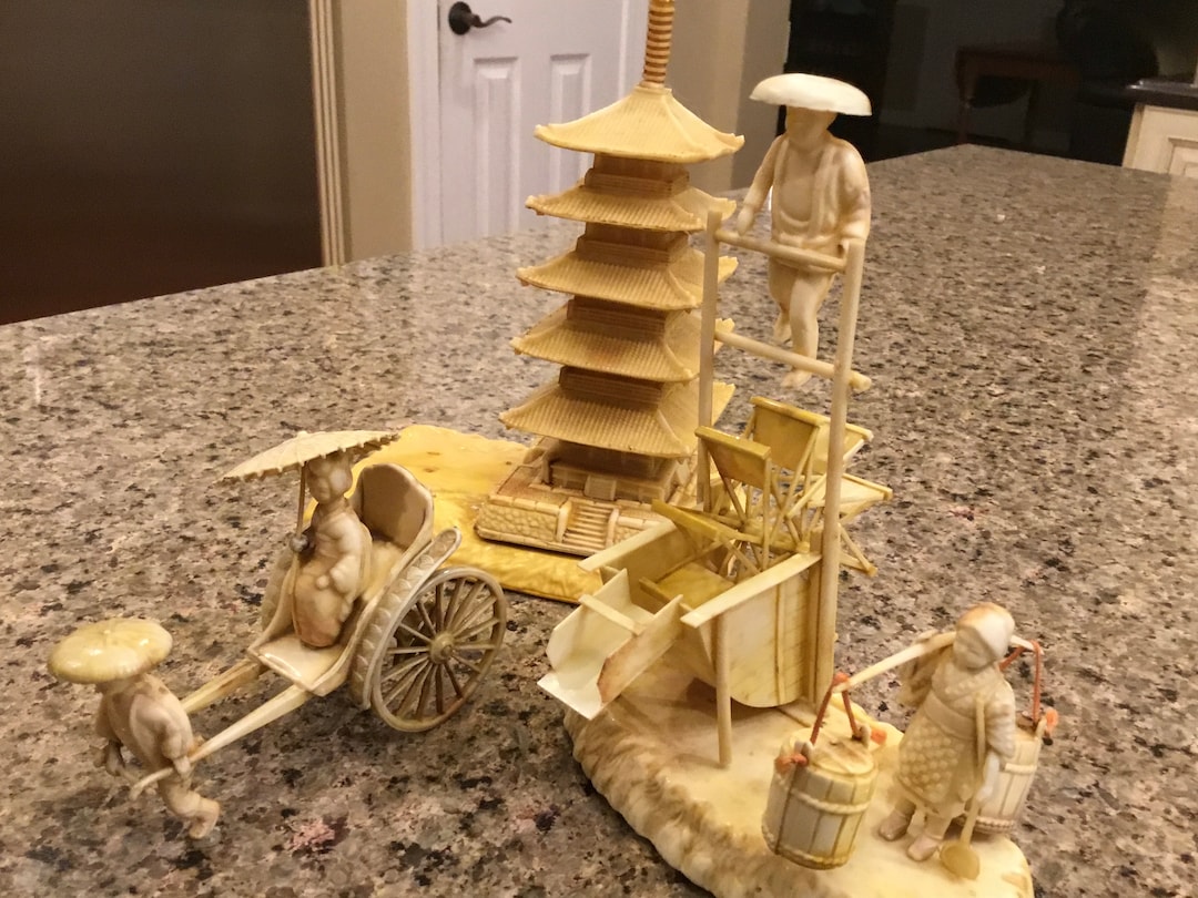 Vintage Japanese Celluloid Figurines Rickshaw, Water Mill & Pogoda 3