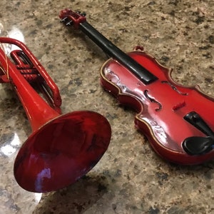 Vintage Christmas Musical Ornaments - Rare Lucite Red Violin and Trumpet - Set of 2 - 1940’s
