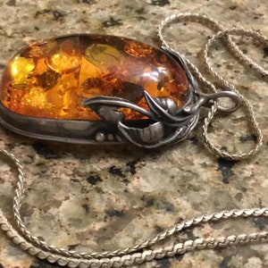 Art Jewelry Sterling Silver Honey Amber Pendant on Sterling Chain