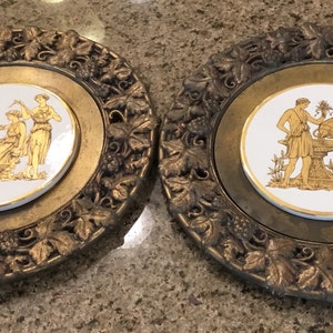 Antique Neoclassical Greco-Roman Brass and Porcelain Wall Plaques - Set of 2 - Late 1800’s