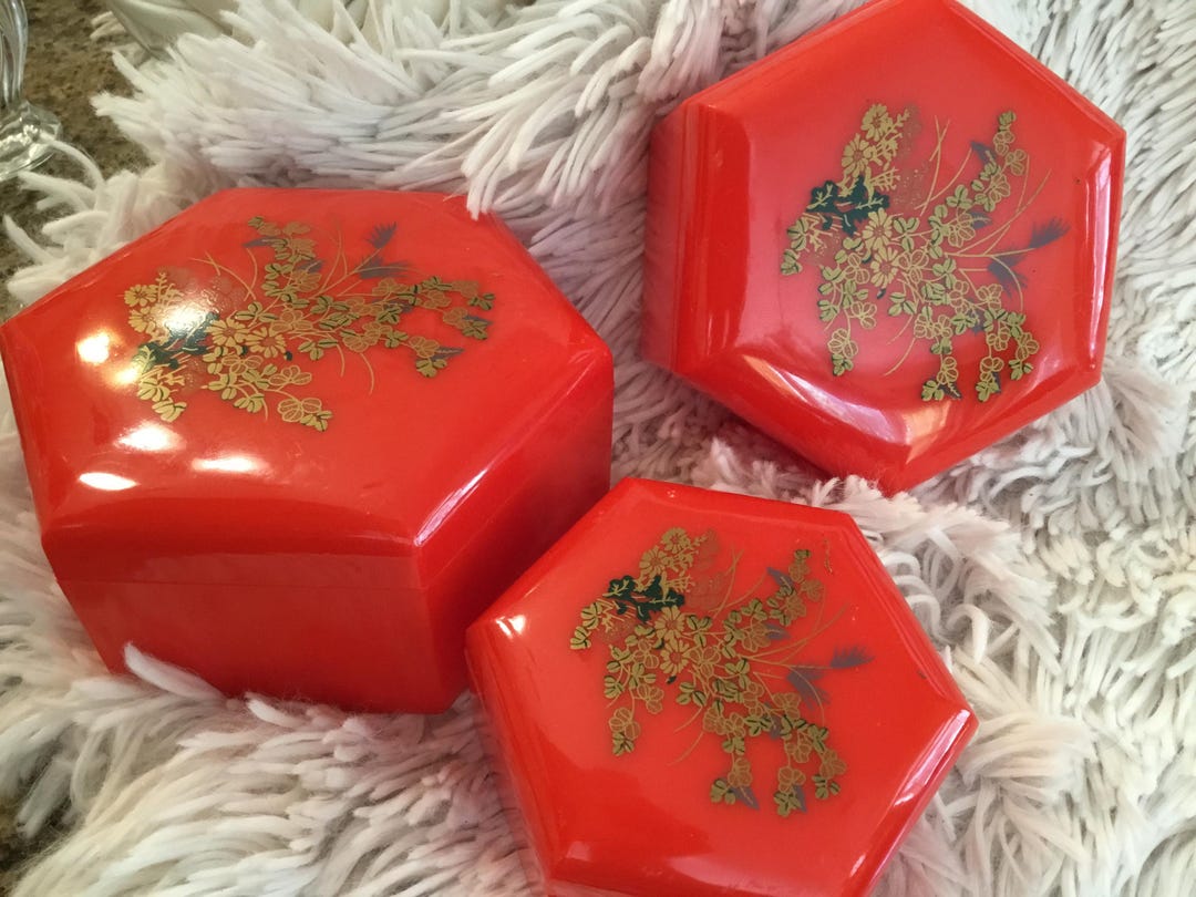 Mid Century Lucite Trinket Boxes - Bright Cherry Red Asian Floral ...