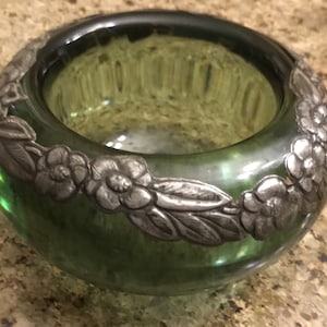 Vintage Art Glass Bowl - Green Glass with Floral Pewter Trim