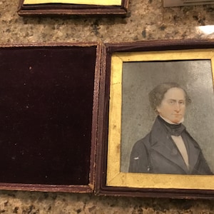Antique Georgian Miniature Portrait on Calfskin - Fashionable Young man in A Cravat and Tailed Jacket - 1850’s